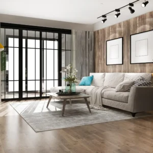 Contemporary Spacious Living Room Design With Orange L-Shaped Sectional Sofa And Dusty Rose Accent Chairs