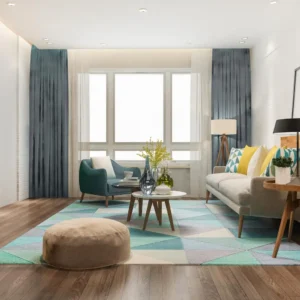 Contemporary Beige Living Room Design With Wall-Mounted White And Black TV Unit And Gold Panelling