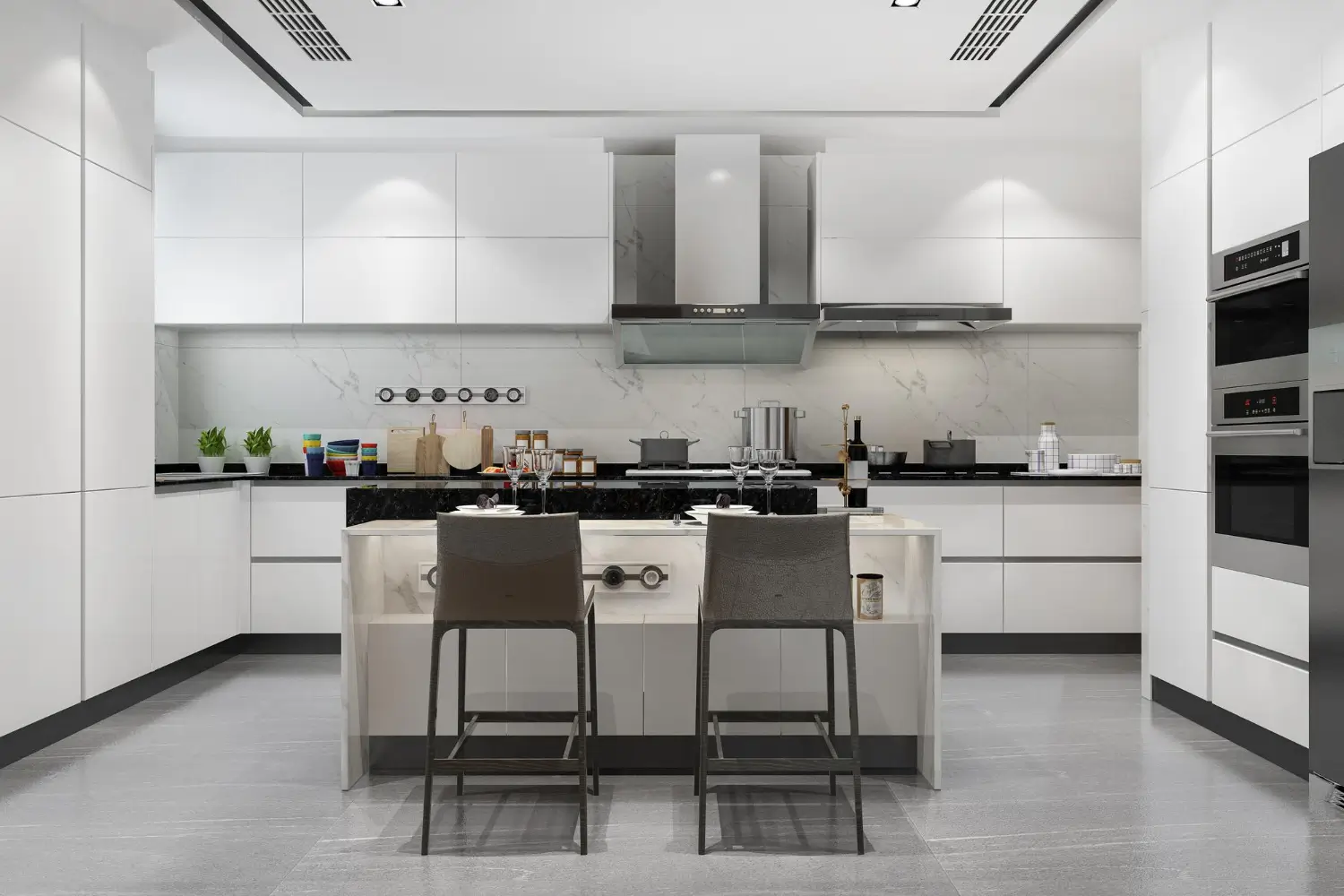 Contemporary L Shaped Kitchen Design With Hexagonal Backsplash
