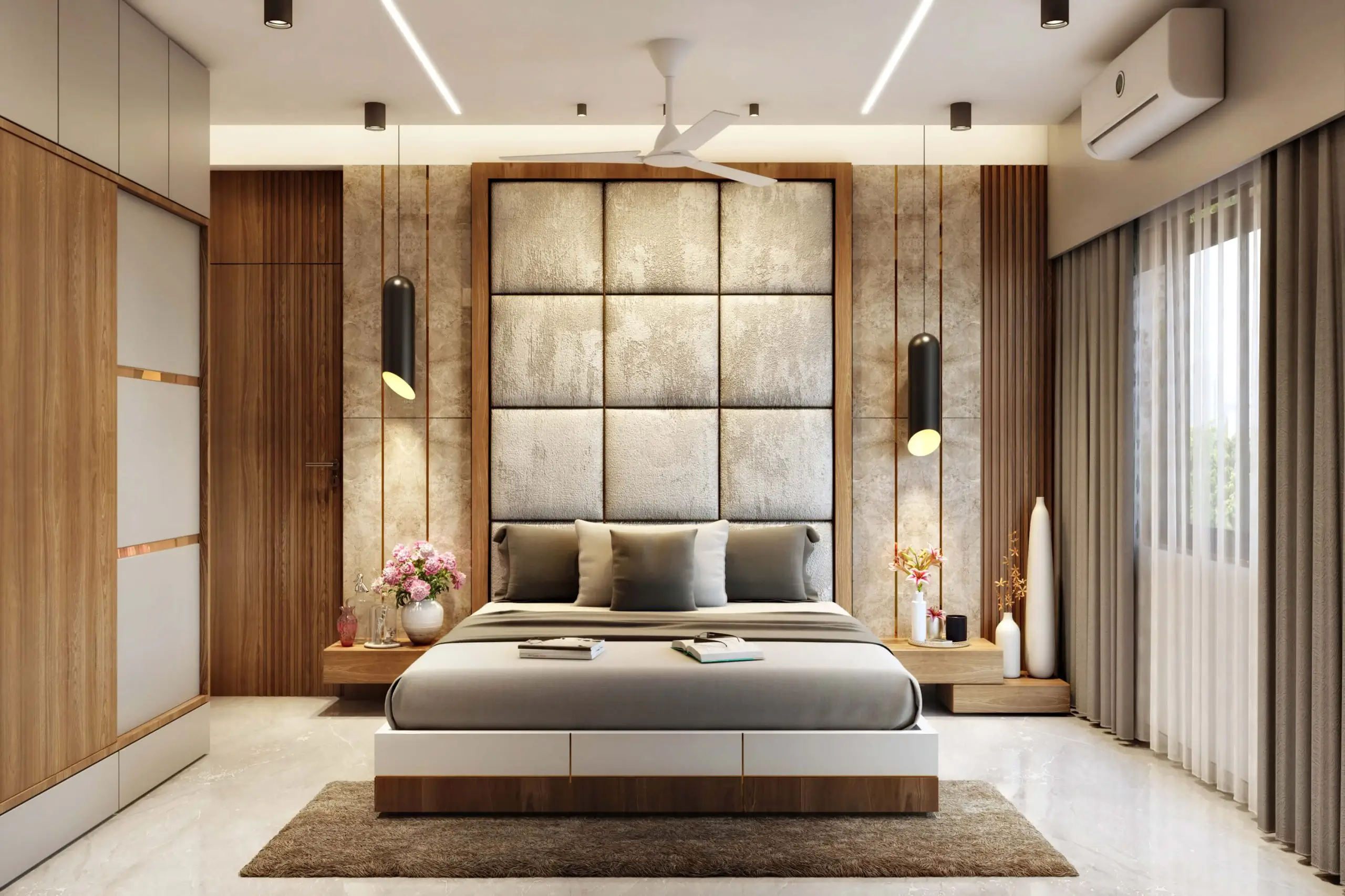 Industrial Living Room Design With Textured Sofa And Brick Accent Walls